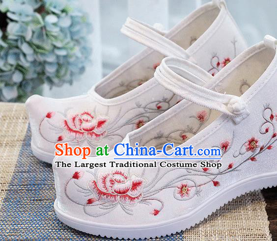 China Embroidered Peony Shoes National White Cloth Shoes Traditional Female Wedge Shoes