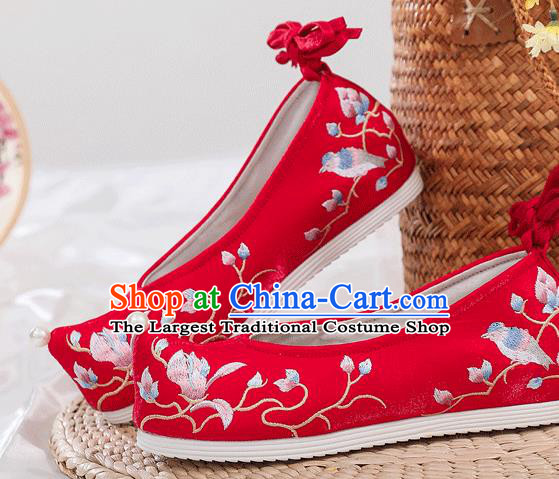 China National Wedding Red Satin Shoes Traditional Ming Dynasty Princess Bow Shoes Embroidered Mangnolia Shoes