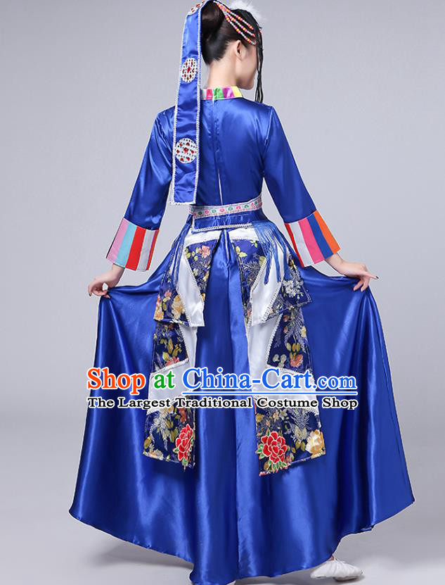 Chinese Tibetan Ethnic Royalblue Dress Traditional Zang Nationality Stage Performance Outfits Minority Folk Dance Costume