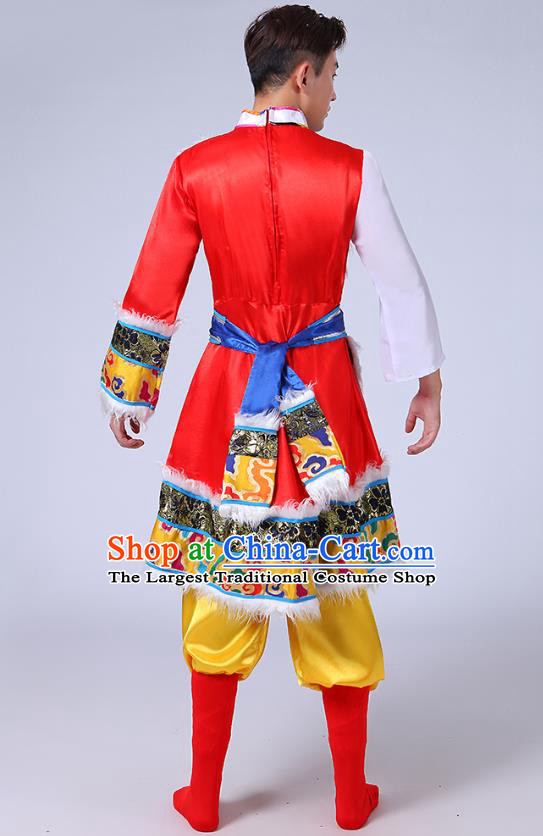 Chinese Tibetan Ethnic Minority Stage Performance Costume Traditional Zang Nationality Folk Dance Red Outfits