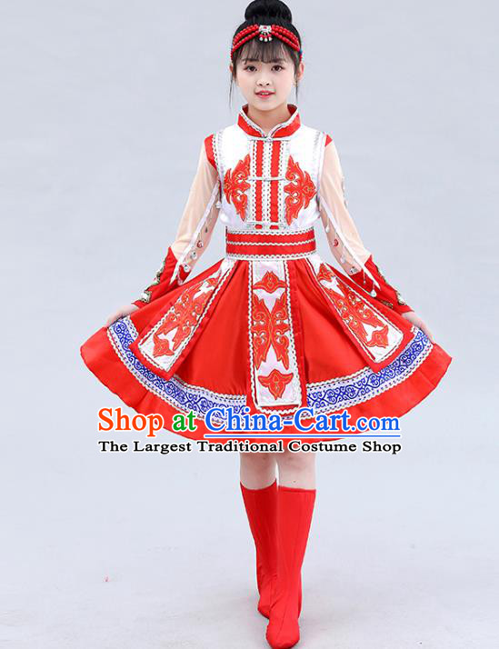 Chinese Mongolian Ethnic Stage Performance Costume Traditional Mongol Nationality Children Red Short Dress