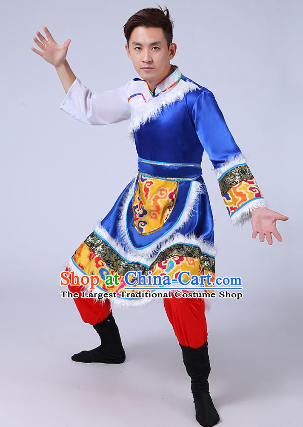 Chinese Traditional Zang Nationality Folk Dance Royalblue Outfits Tibetan Ethnic Minority Stage Performance Costume