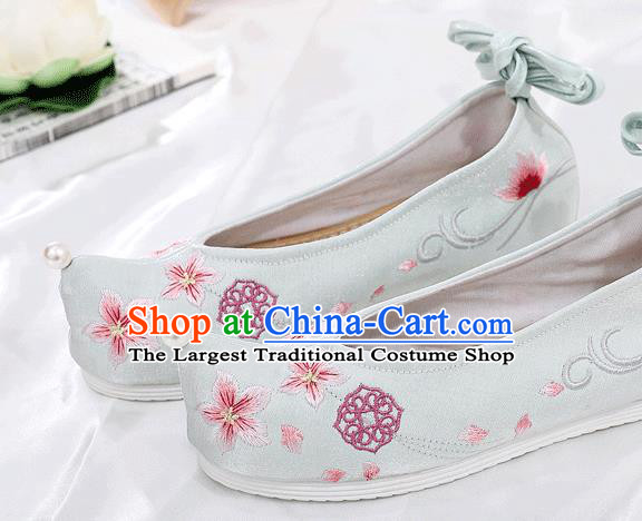 China Ancient Princess Light Blue Shoes Traditional Hanfu Bow Shoes Embroidered Shoes