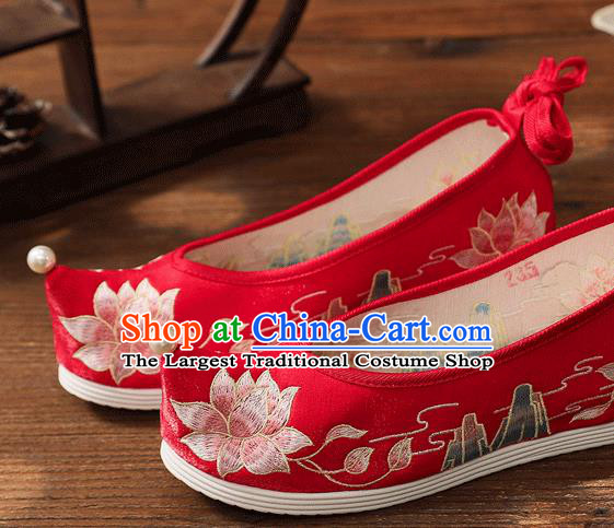 China Handmade Bride Bow Shoes Traditional Wedding Shoes Embroidered Lotus Shoes Hanfu Shoes