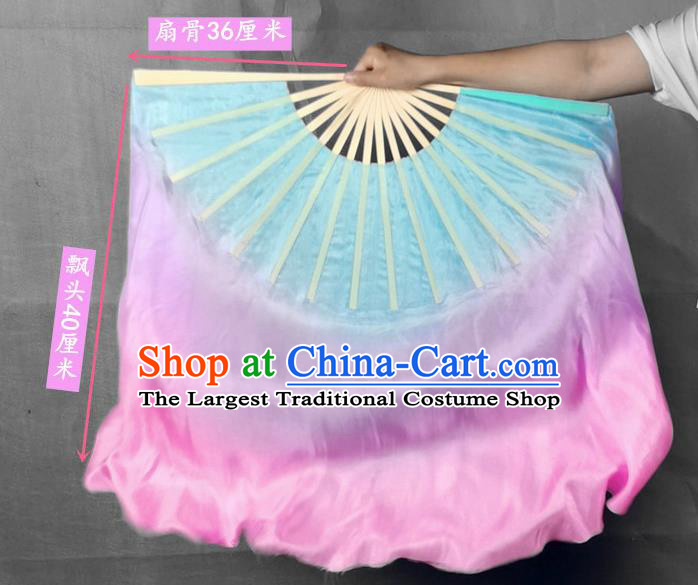 China Yangko Dance Folding Fan Group Dance Pink Long Ribbon Fan Classical Dance Blue Silk Fan