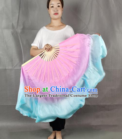 China Yangko Dance Folding Fan Group Dance Pink Long Ribbon Fan Classical Dance Blue Silk Fan