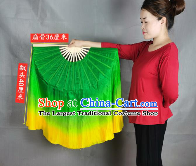 China Stage Performance Long Ribbon Fan Classical Dance Green Silk Fan Yangko Dance Folding Fan
