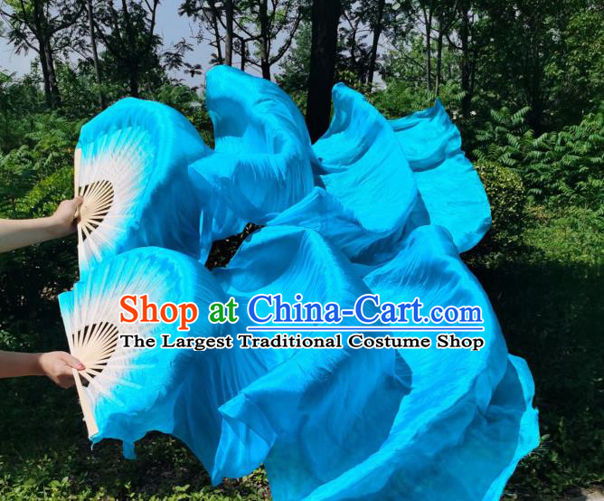China Classical Dance Bamboo Fan New Year Yangko Dance Performance Folding Fan Blue Silk Long Ribbon Fan
