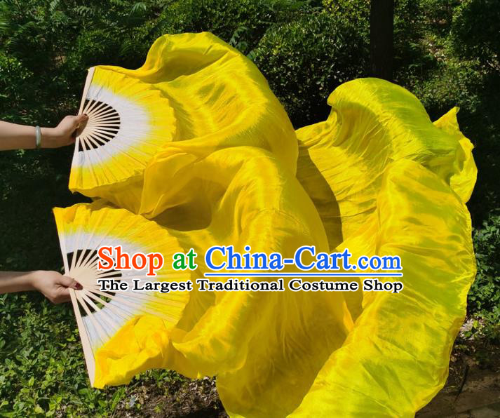 China Yangko Dance Performance Folding Fan Yellow Silk Long Ribbon Fan Classical Dance Bamboo Fan