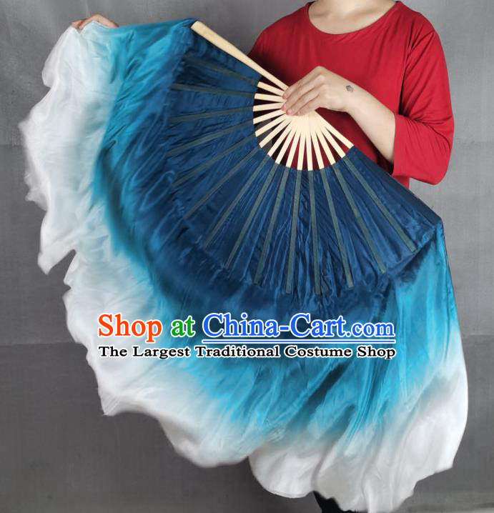 China Yangko Dance Performance Fan Blue Silk Long Ribbon Fan Handmade Double Side Folding Fan