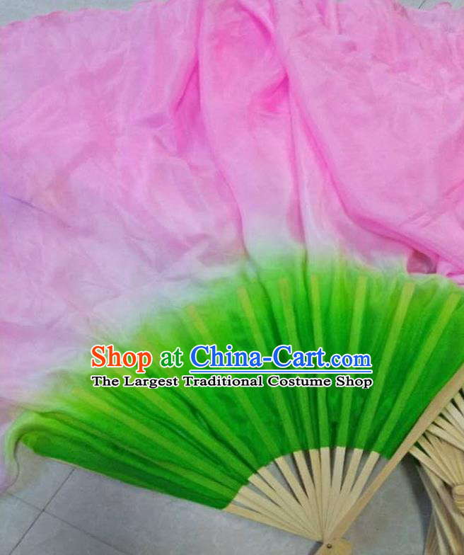 China Lotus Dance Silk Fan Yangko Dance Bamboo Fan Pink Silk Long Ribbon Folding Fan