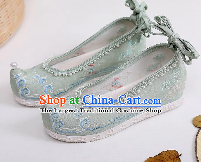 China Traditional Ming Dynasty Bow Shoes Embroidered Green Cloth Shoes Ancient Princess Hanfu Shoes