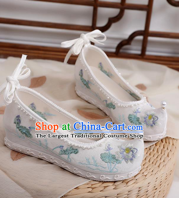 China Embroidered Lotus Bow Shoes Hanfu Shoes White Cloth Shoes Traditional Ming Dynasty Princess Shoes