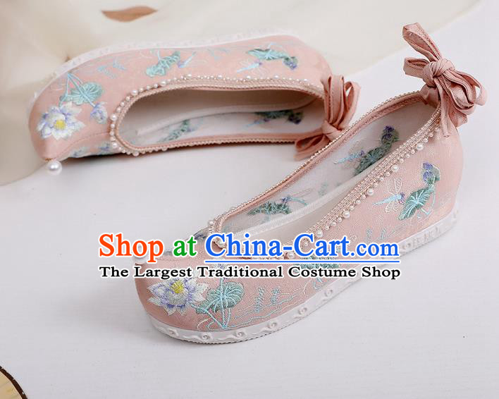 China Embroidered Lotus Pink Cloth Shoes Hanfu Bow Shoes Traditional Ming Dynasty Shoes Princess Shoes