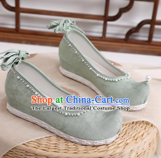 China Ancient Princess Bow Shoes Classical Dance Shoes Handmade Green Cloth Shoes