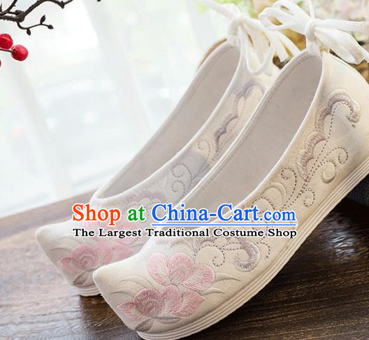 China Embroidered White Cloth Bow Shoes Traditional Hanfu Shoes Handmade Folk Dance Shoes