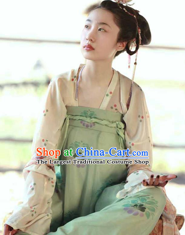 China Ancient Young Beauty Green Hanfu Dress Traditional Tang Dynasty Village Girl Historical Clothing