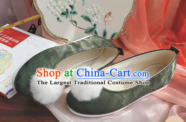 China Handmade Ancient Jin Dynasty Princess Shoes Olive Green Satin Shoes Traditional Hanfu Shoes