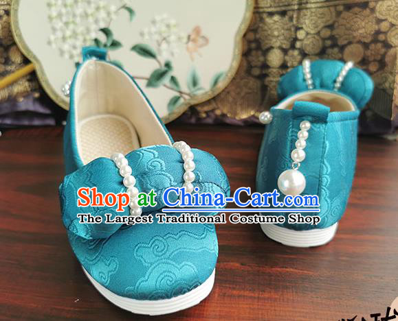 China Handmade Blue Cloth Shoes Traditional Court Hanfu Shoes Ancient Jin Dynasty Princess Pearls Shoes