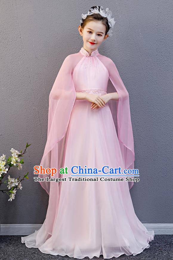 Top Grade Girl Chorus Group Fashion Catwalks Pink Cape Full Dress Children Day Stage Performance Costume