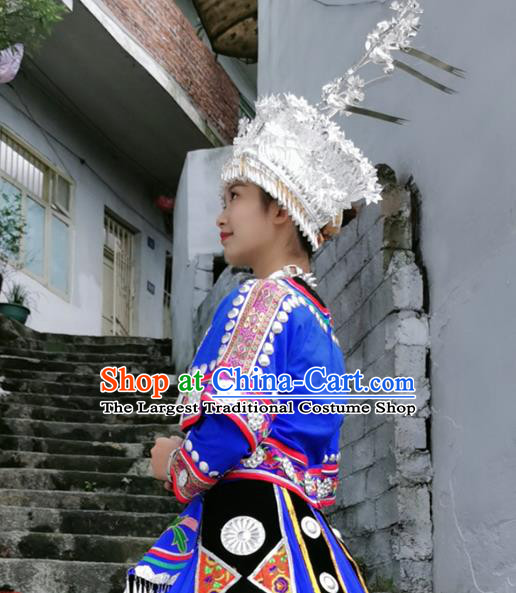 China Xiangxi Minority Stage Performance Costumes Ethnic Folk Dance Royalblue Dress Miao Nationality Clothing and Hat