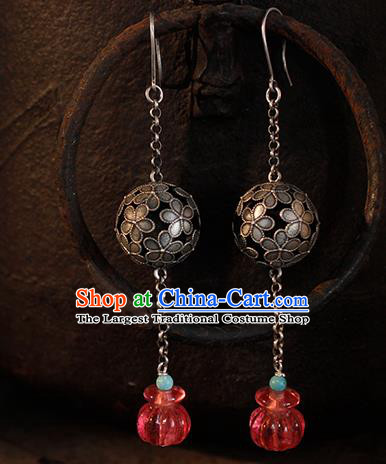 China Handmade National Silver Hydrangea Earrings Traditional Cheongsam Garnet Sachet Ear Jewelry