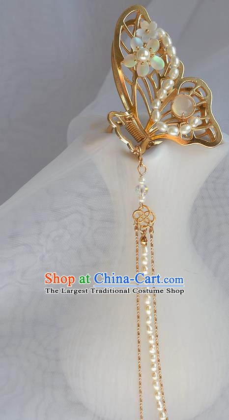 Chinese Traditional Cheongsam Pearls Tassel Hair Stick Ancient Princess Golden Butterfly Hair Stick