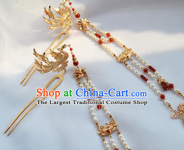 Chinese Traditional Ming Dynasty Court Hair Stick Ancient Empress Pearls Tassel Phoenix Hairpin