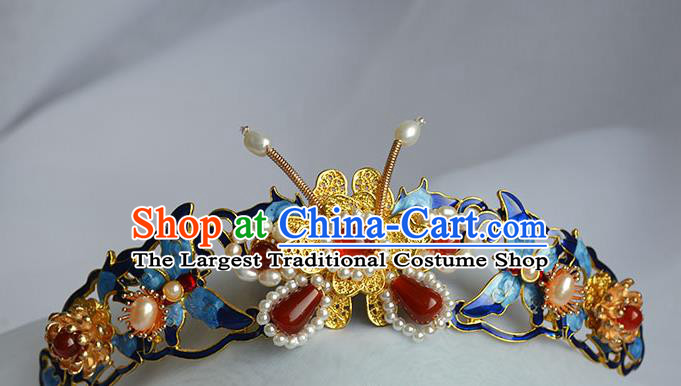 Chinese Traditional Ming Dynasty Court Woman Hair Accessories Ancient Empress Cloisonne Butterfly Hair Crown