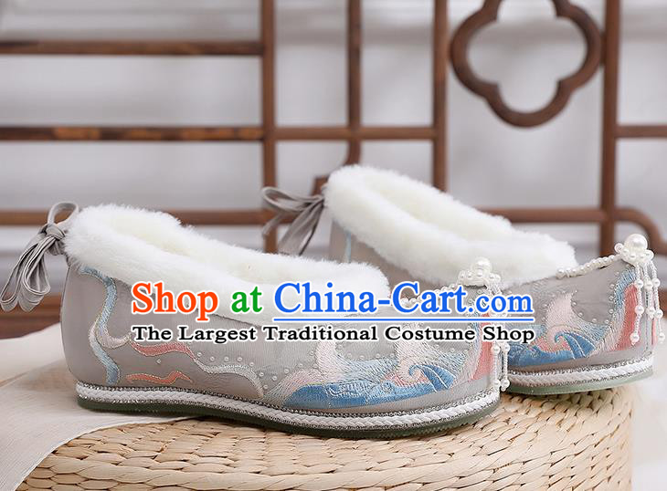 China Traditional Hanfu Winter Shoes Ming Dynasty Pearls Tassel Shoes Embroidered Grey Cloth Shoes Ancient Shoes