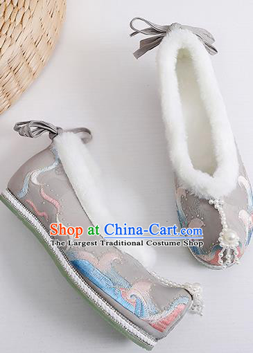 China Traditional Hanfu Winter Shoes Ming Dynasty Pearls Tassel Shoes Embroidered Grey Cloth Shoes Ancient Shoes
