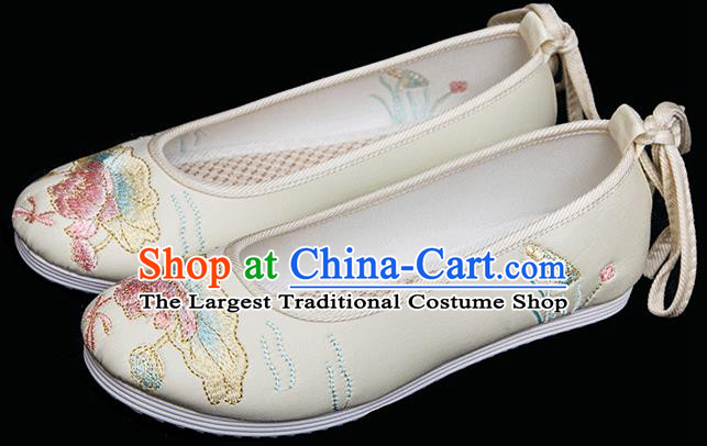 Chinese Traditional Embroidered Lotus Shoes Handmade Beige Cloth Shoes Classical Dance Shoes