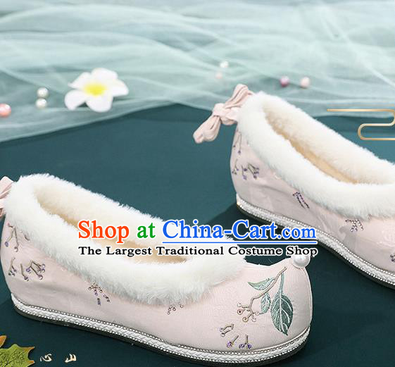 China Embroidered Pink Cloth Shoes Traditional Winter Hanfu Shoes Ancient Ming Dynasty Princess Bow Shoes