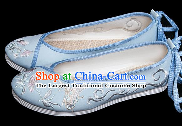 Chinese Traditional Blue Cloth Shoes National Woman Shoes Classical Embroidered Butterfly Shoes
