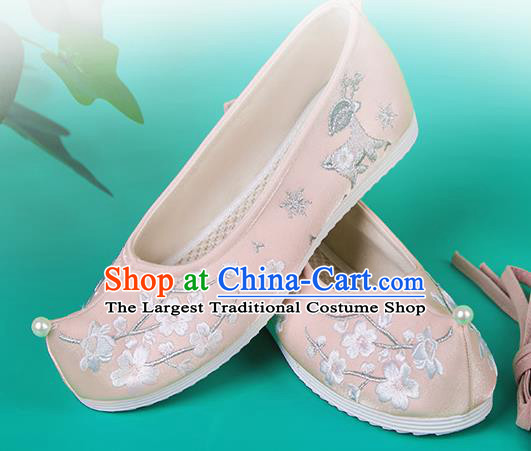 China Ancient Princess Shoes Embroidered Pink Cloth Shoes Traditional Ming Dynasty Hanfu Shoes