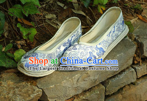 Chinese Traditional Ancient Empress Shoes Classical Dragons Pattern Shoes Handmade White Brocade Shoes