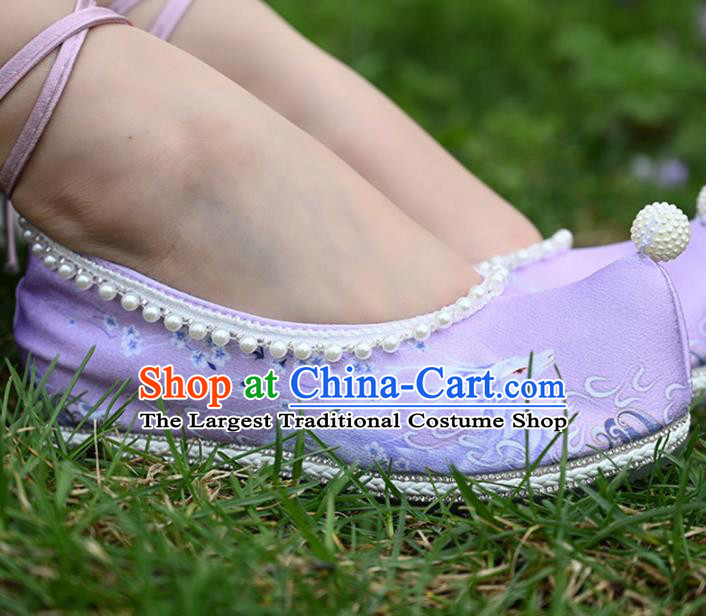 China Traditional Hanfu Lilac Cloth Shoes Handmade Ming Dynasty Bow Shoes Ancient Princess Pearls Shoes