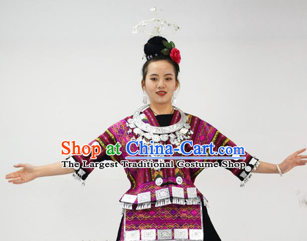 Chinese Yi Minority Purple Outfits Ethnic Folk Dance Garment Xiangxi Nationality Performance Dress Clothing