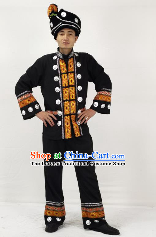 China Traditional Yi Nationality Performance Garment Costumes Ethnic Folk Dance Black Clothing and Headwear