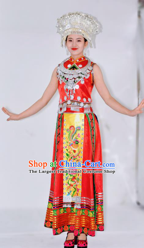 Chinese Ethnic Folk Dance Garment Outfits Miao Nationality Red Clothing Hmong Minority Performance Dress and Headwear