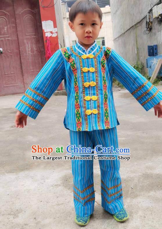 China Bouyei Nationality Boys Outfits Blue Blouse and Pants Traditional Puyi Ethnic Children Dance Clothing
