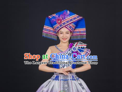 Chinese Ethnic Folk Dance Clothing Traditional Zhuang Nationality Wedding Garments Guangxi Minority Performance Blue Dress and Hat