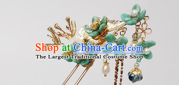 Chinese Ancient Noble Lady Green Plum Blossom Hairpin Traditional Song Dynasty Palace Tassel Hair Stick