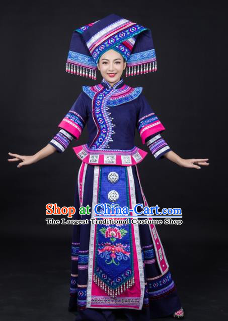 Chinese Traditional Zhuang Nationality Female Garments Guangxi Minority Wedding Navy Dress Ethnic Dance Performance Clothing and Headdress