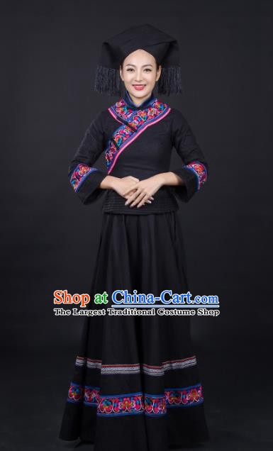 Chinese Traditional Ethnic Clothing Zhuang Nationality Female Garments Guangxi Minority Folk Dance Black Dress and Hat