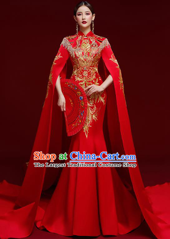 China Stage Show Clothing Catwalks Garment Compere Embroidered Red Full Dress