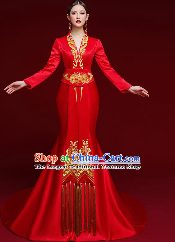 China Stage Show Clothing Catwalks Compere Embroidered Garment Wedding Red Brocade Fishtail Full Dress
