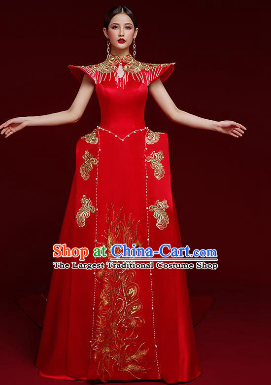 China Bride Wedding Dress Garment Compere Red Full Dress Stage Show Embroidered Cheongsam Clothing