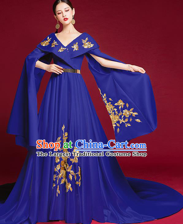 China Catwalks Dress Garment Compere Royalblue Trailing Full Dress Stage Show Embroidered Clothing