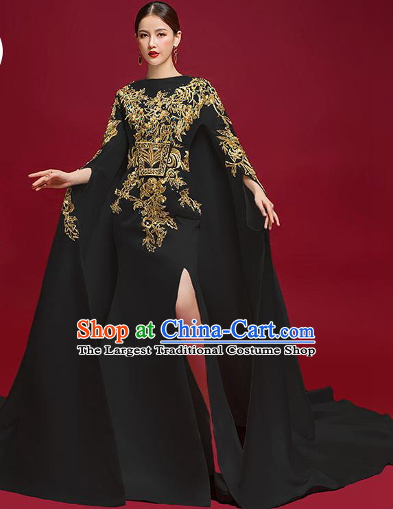 China Embroidered Black Dress Garment Stage Show Full Dress Catwalks Compere Fashion Clothing